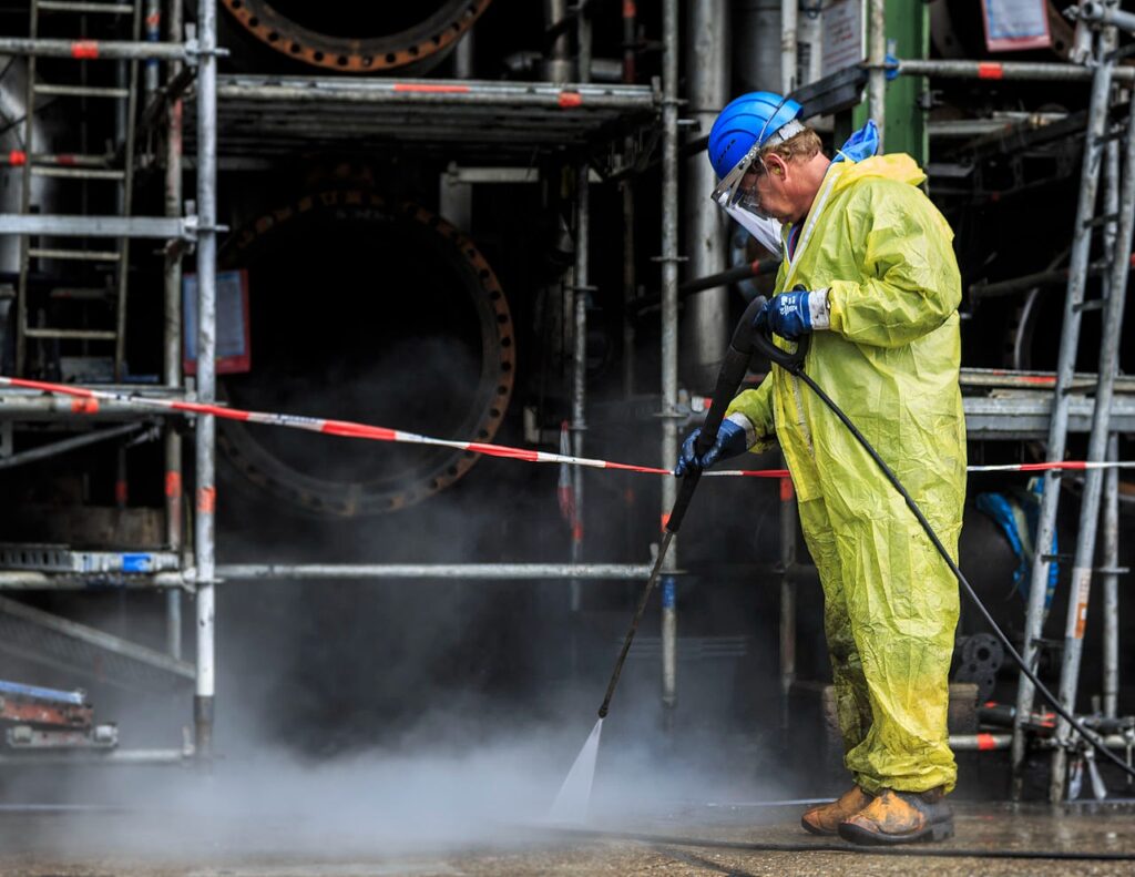 An industry worker pressure washing the industry floor